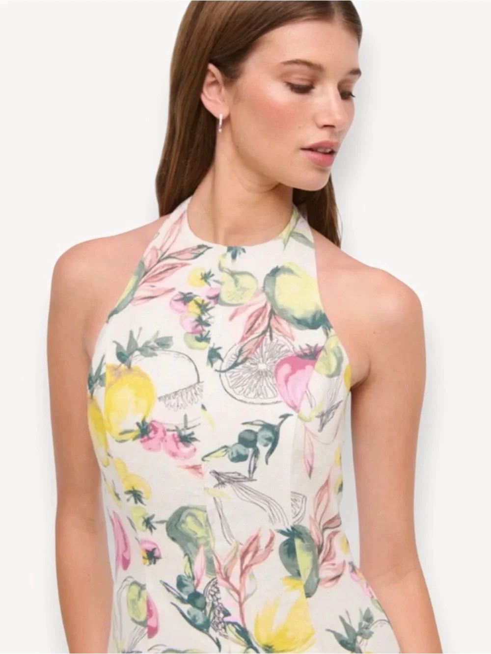 Abercrombie & Fitch 100% linen Halter-Neck Maxi Dress in Fruit & Veggie Print